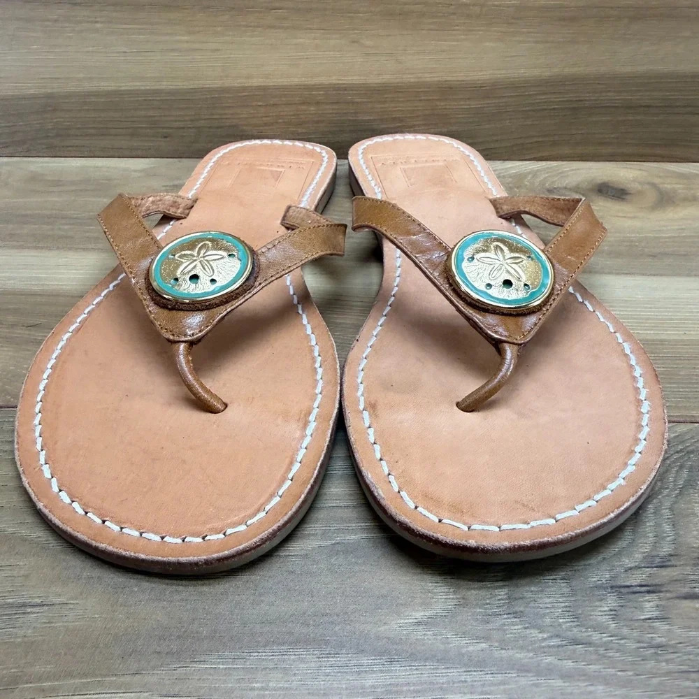 Wimberly Flip Flop Sandals Womens 8 Tan Leather Star Fish Medallion USA Made